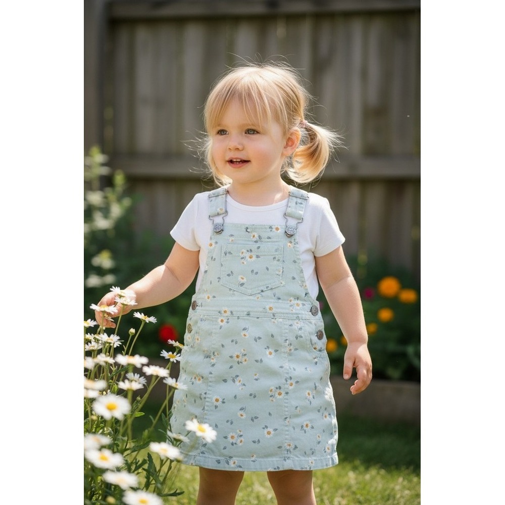 Max Studio Kids Girl Jumper Dress sz 5 Blue Daisy Floral Knee Length Cottagecore